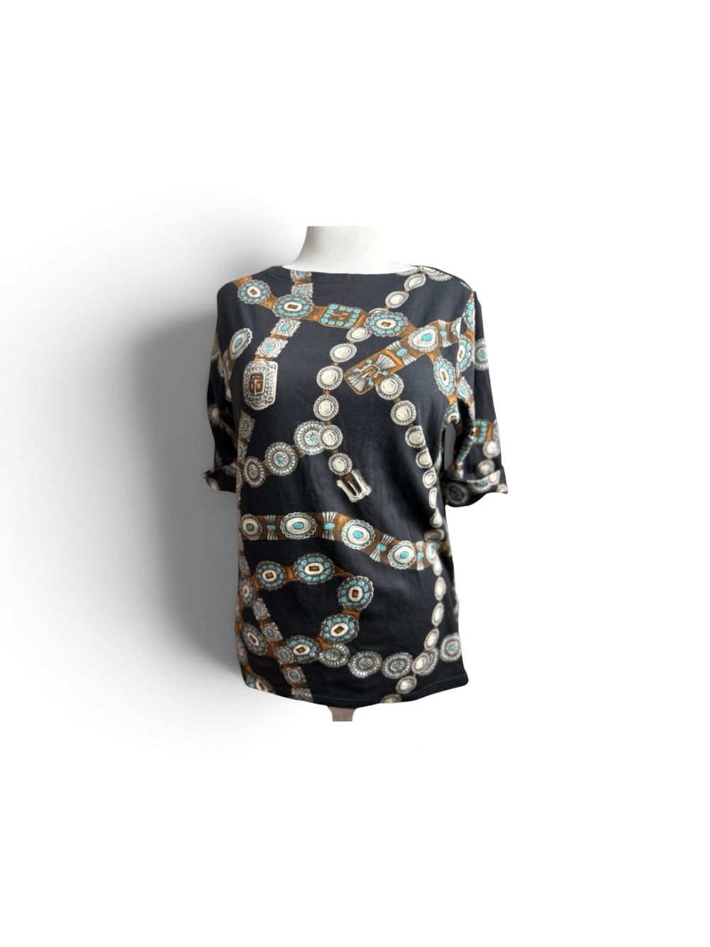 NWT Ralph Lauren Black Short-Sleeve Top with Turquoise/Tan Chain Print size 1X